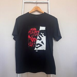 OBEY Worldwide Black Graphic T Shirt - Red Roses and Face Size Small